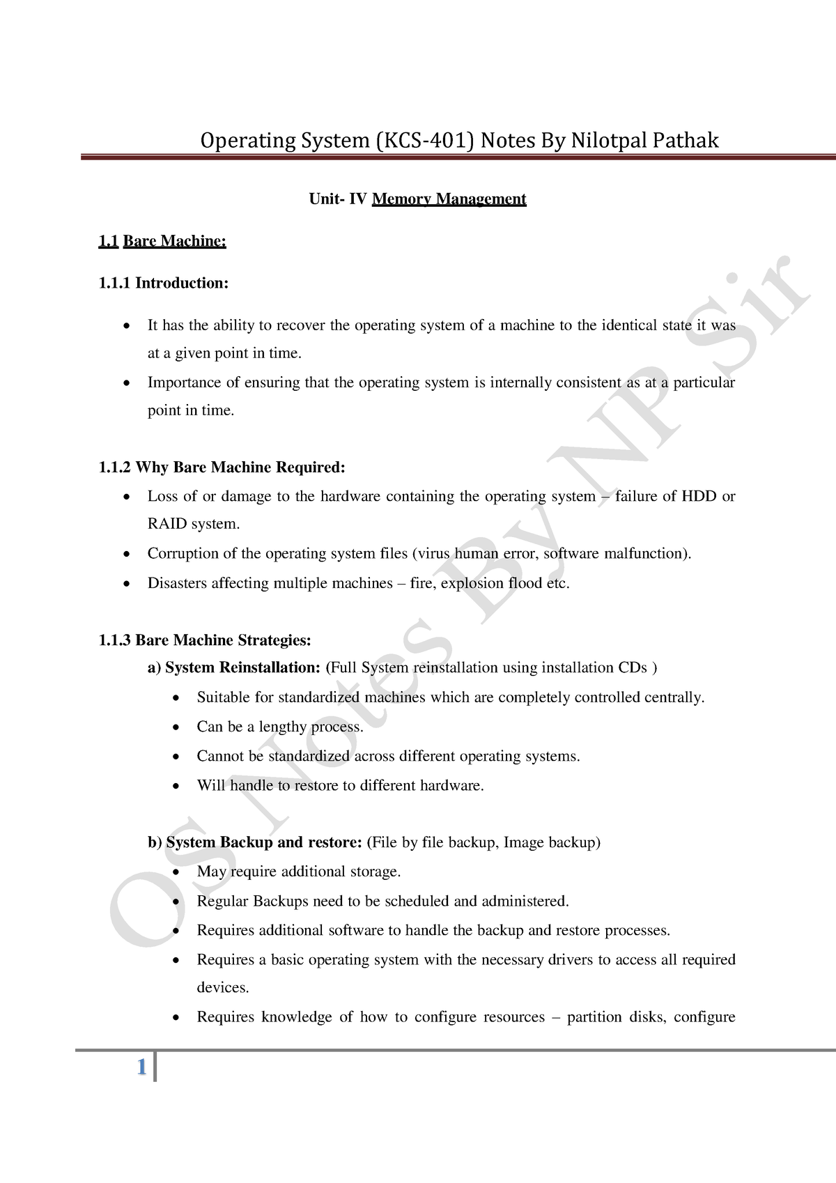 Unit IV OS - 1 Unit- IV Memory Management 1 Bare Machine: 1.1 ...