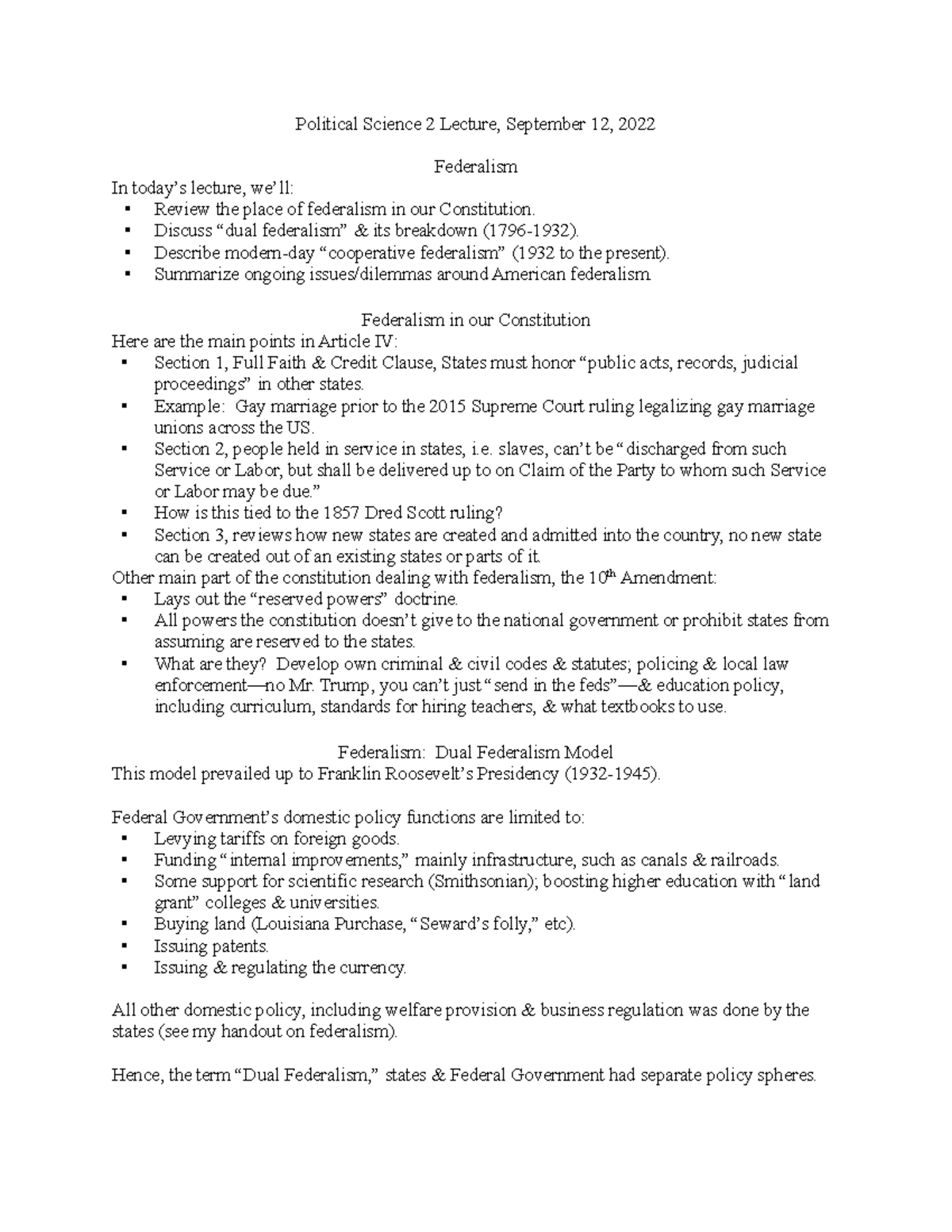 Federalism Notes - Political Science 2 Lecture, September 12, 2022 ...