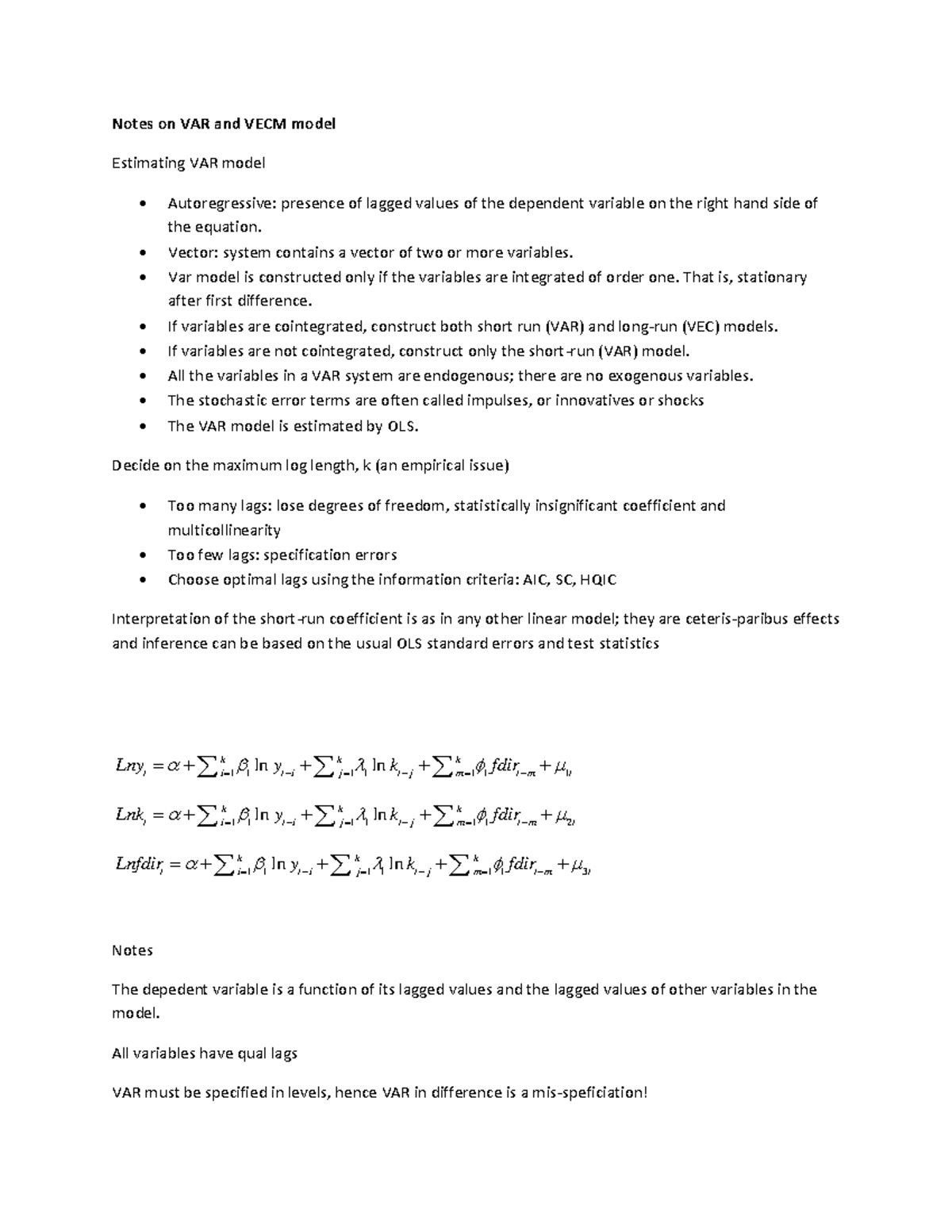 Notes on VAR model - Notes on VAR and VECM model Estimating VAR model ...