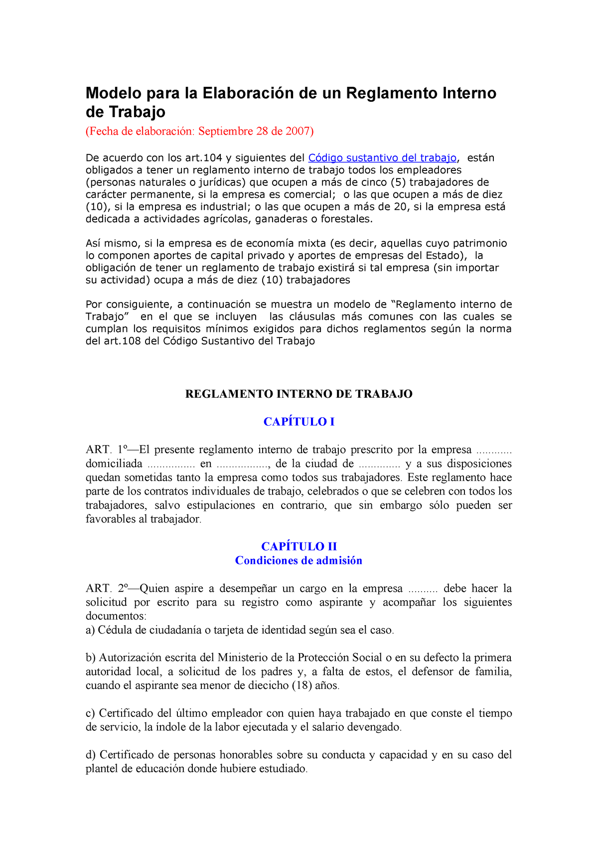 Modelo Para La Elaboracion De Un Reglamento Interno De Trabajo Modelo Para La Elaboración De 5575