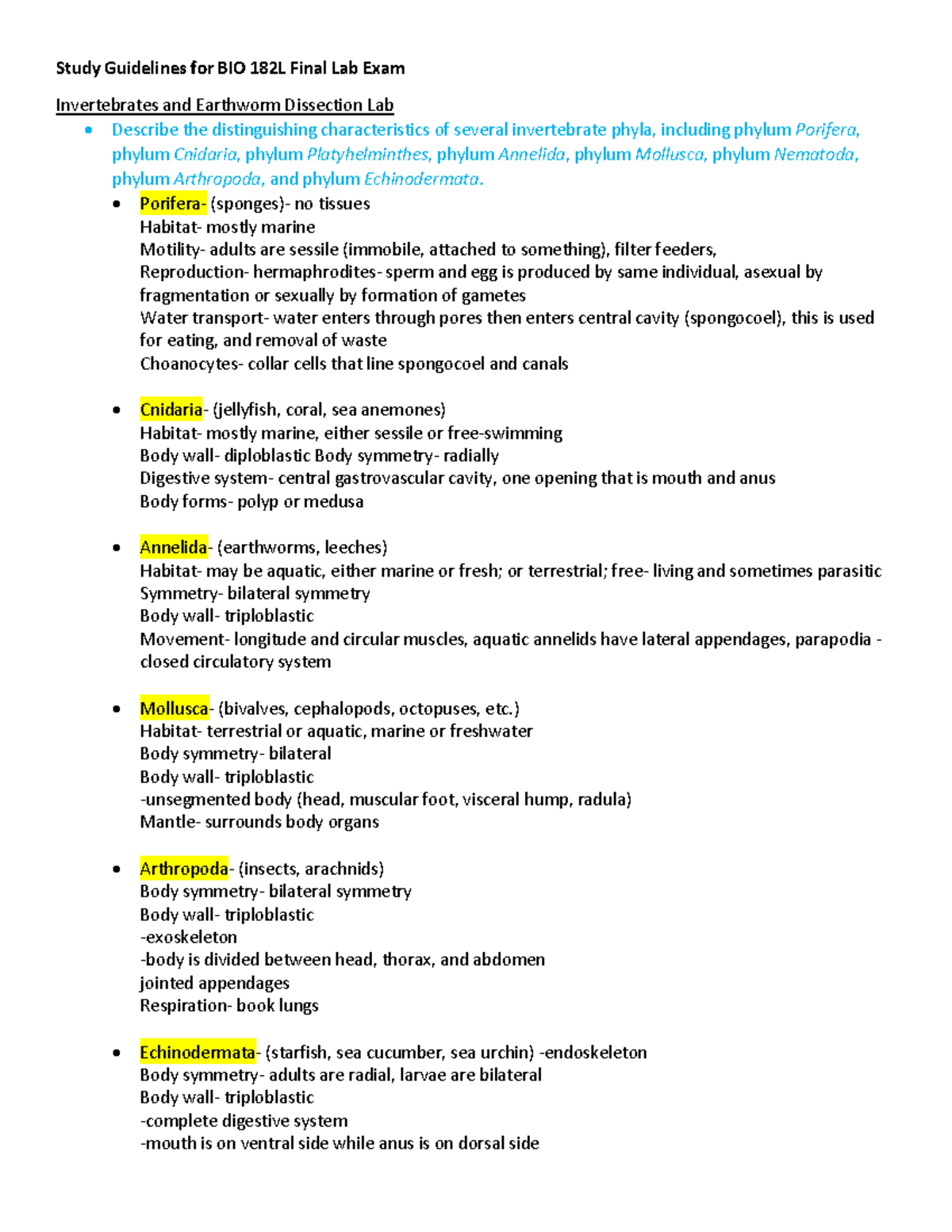 Study Guidelines for BIO 182L Final Lab Exam Study Guidelines for BIO