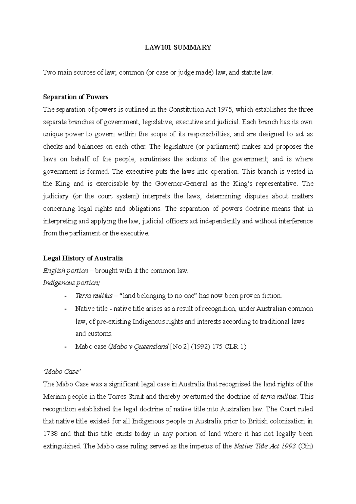 LAW100 Summary 2023 - LAW101 SUMMARY Two main sources of law; common ...