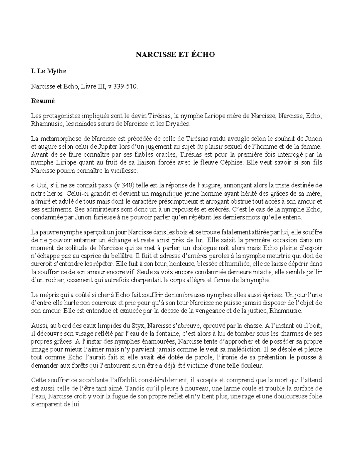 Devoir sur le Mythe de Narcisse et Echo NARCISSE ET ÉCHO I. Le Mythe Narcisse et Echo, Livre