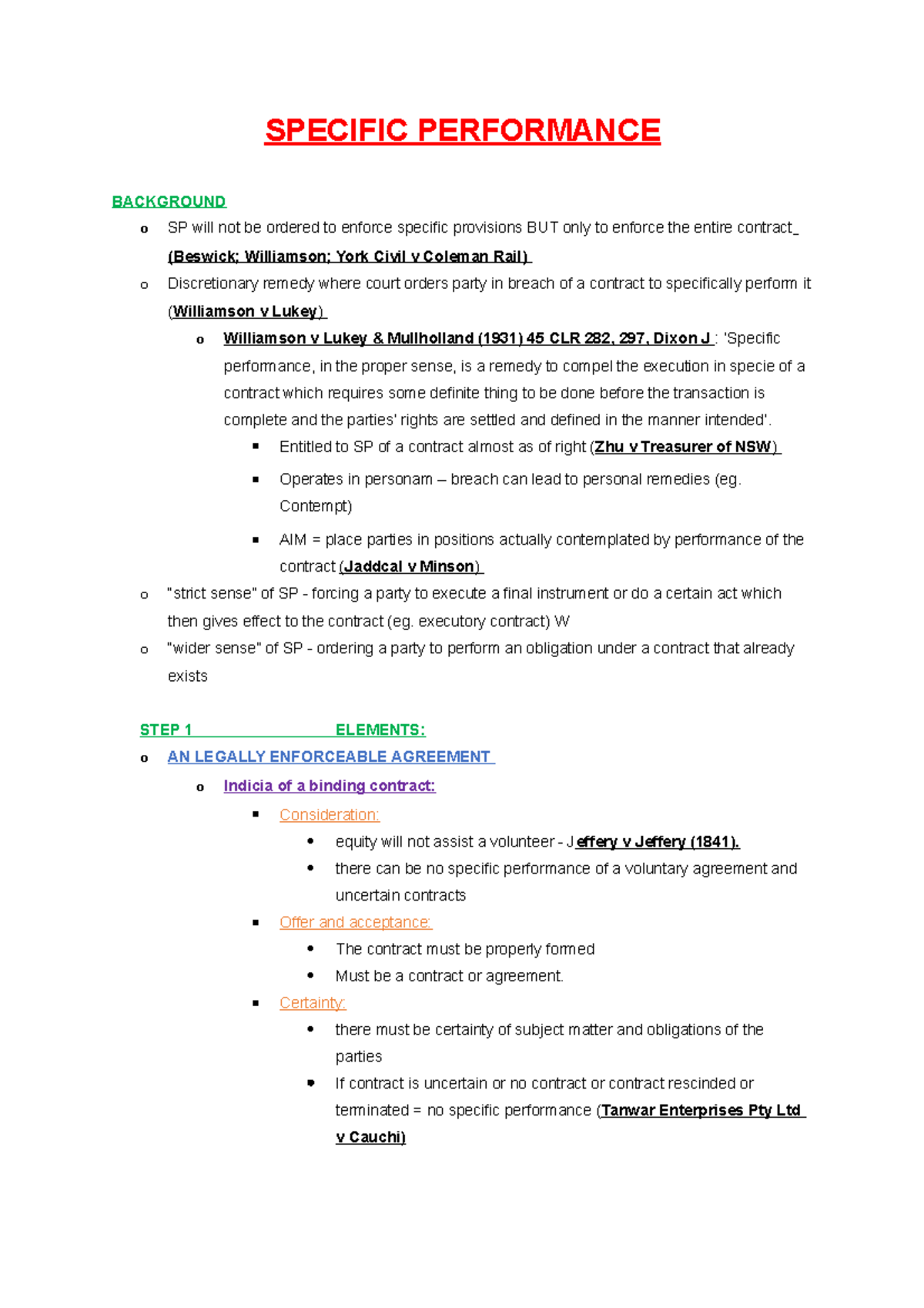 Specific Performance - SPECIFIC PERFORMANCE BACKGROUND o SP will not be ...