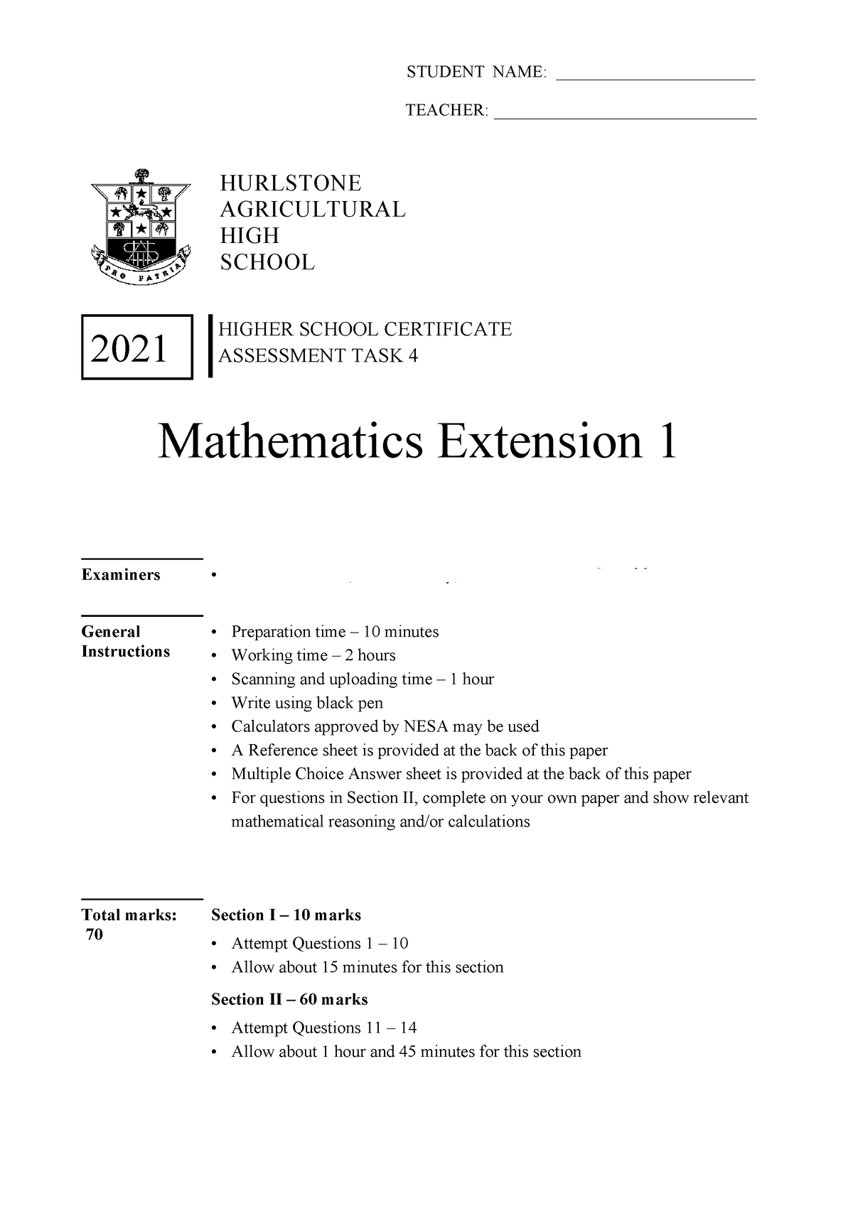 Ex1 2021 hurlstone trial paper w solutions - STUDENT NAME ...