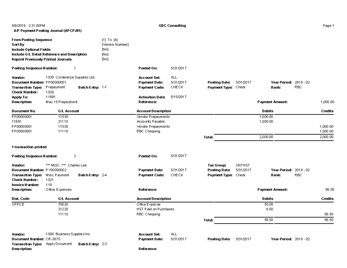 Payment Posting Journal - Account Set: ALL Document Number: PP00000001 ...