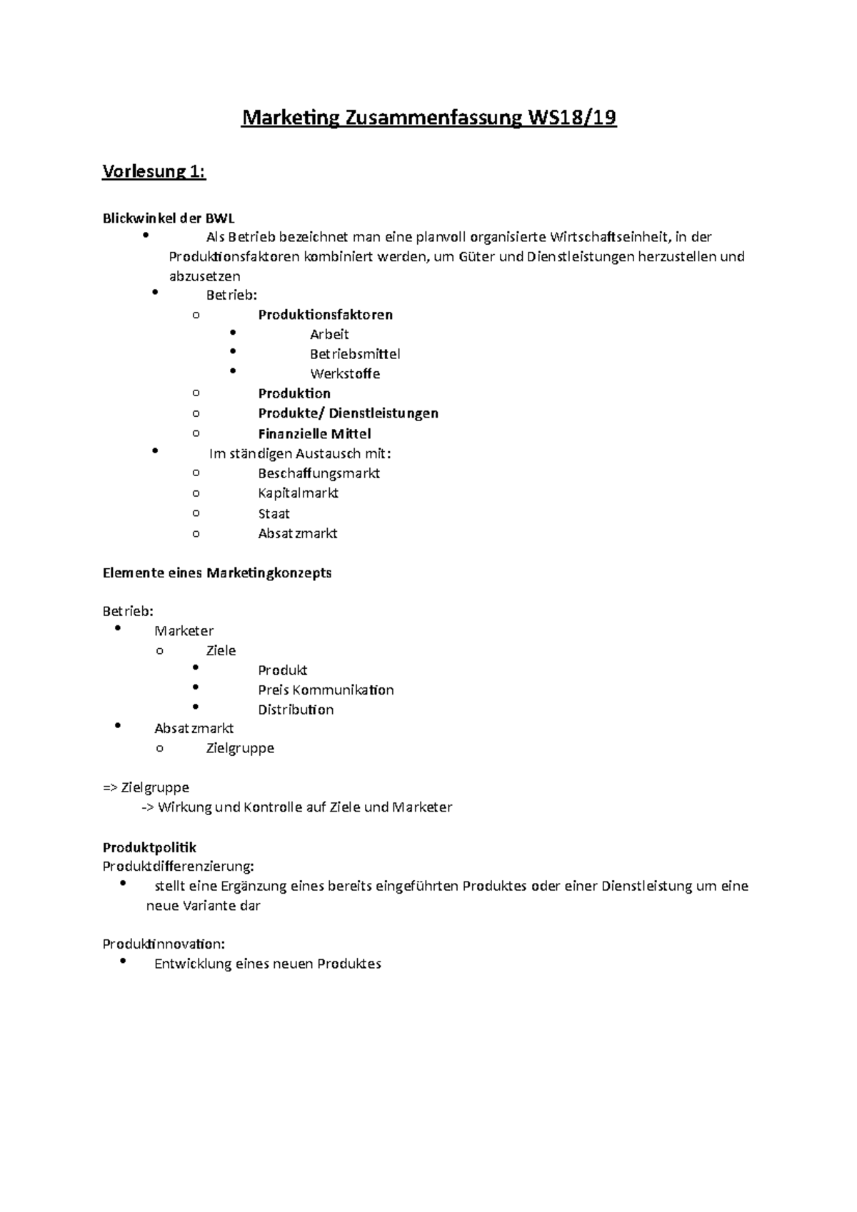 Marketing Zusammenfassung WS1819 - Marketing Zusammenfassung Vorlesung ...