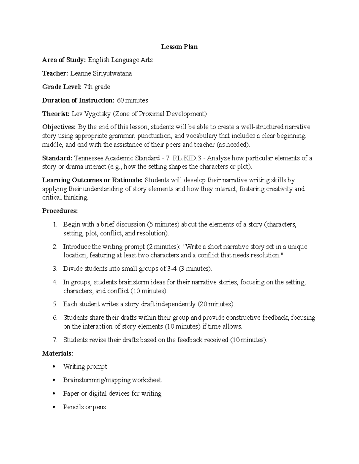 Lesson Plan Example 2 - Notes - Lesson Plan Area of Study: English ...
