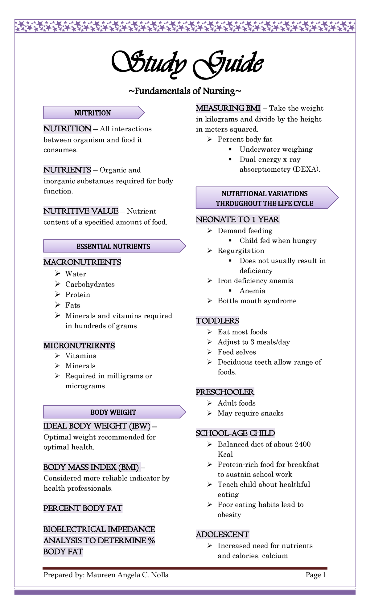 Study Guide - hope it'll help :) - ESSENTIAL NUTRIENTS BODY WEIGHT ...