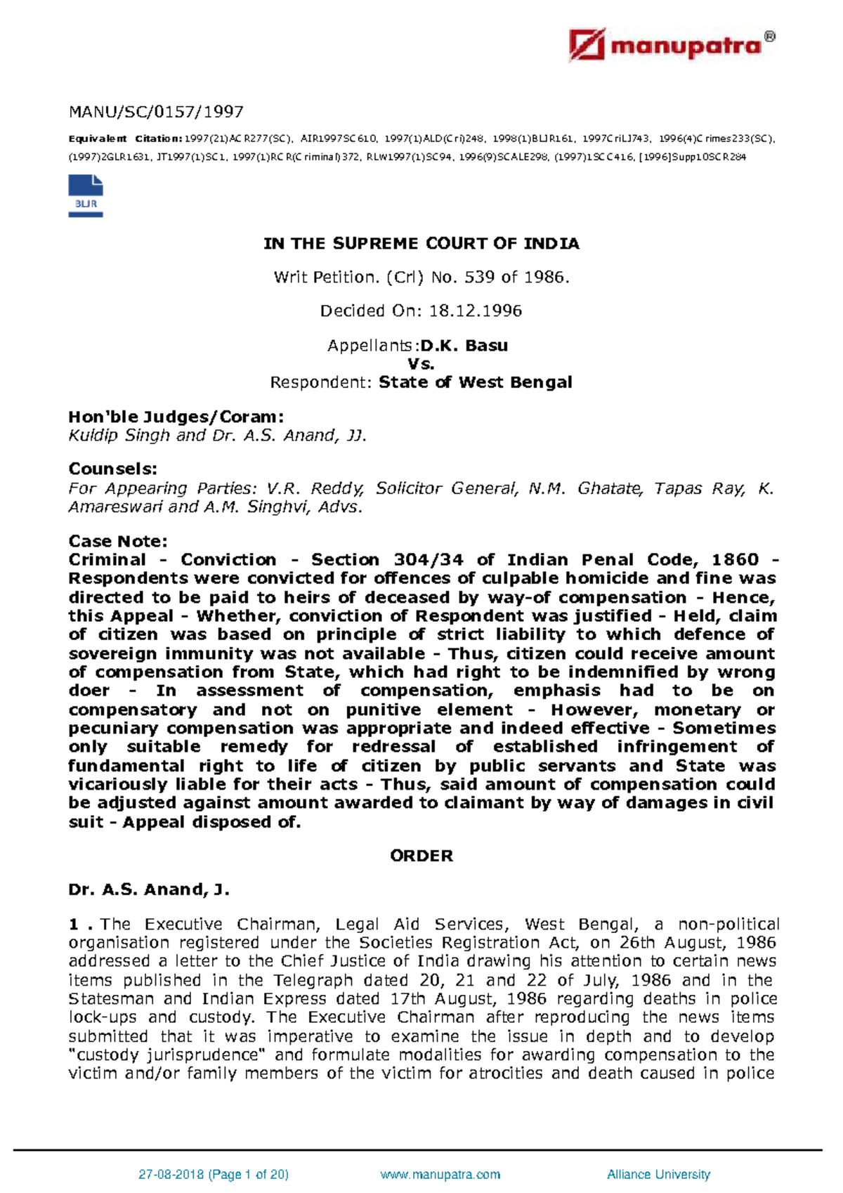 DK Basu vs State of West Bengal yamini crpc - MANU/SC/0157/ Equivalent ...