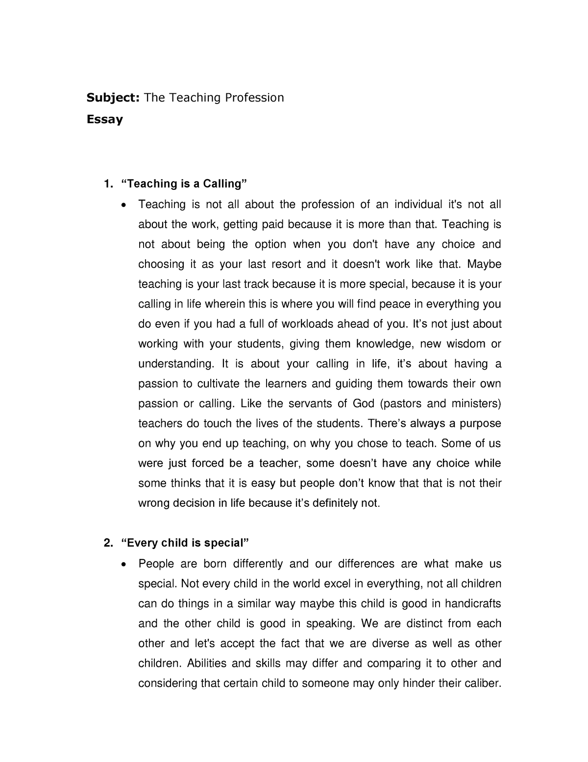 teaching as a profession essay brainly