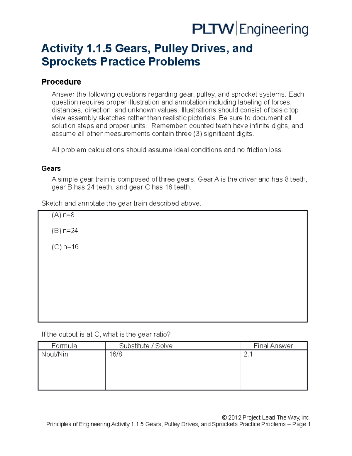 1 1 5 A Gears Pulley Drives Sprockets Practice Problems Engineering