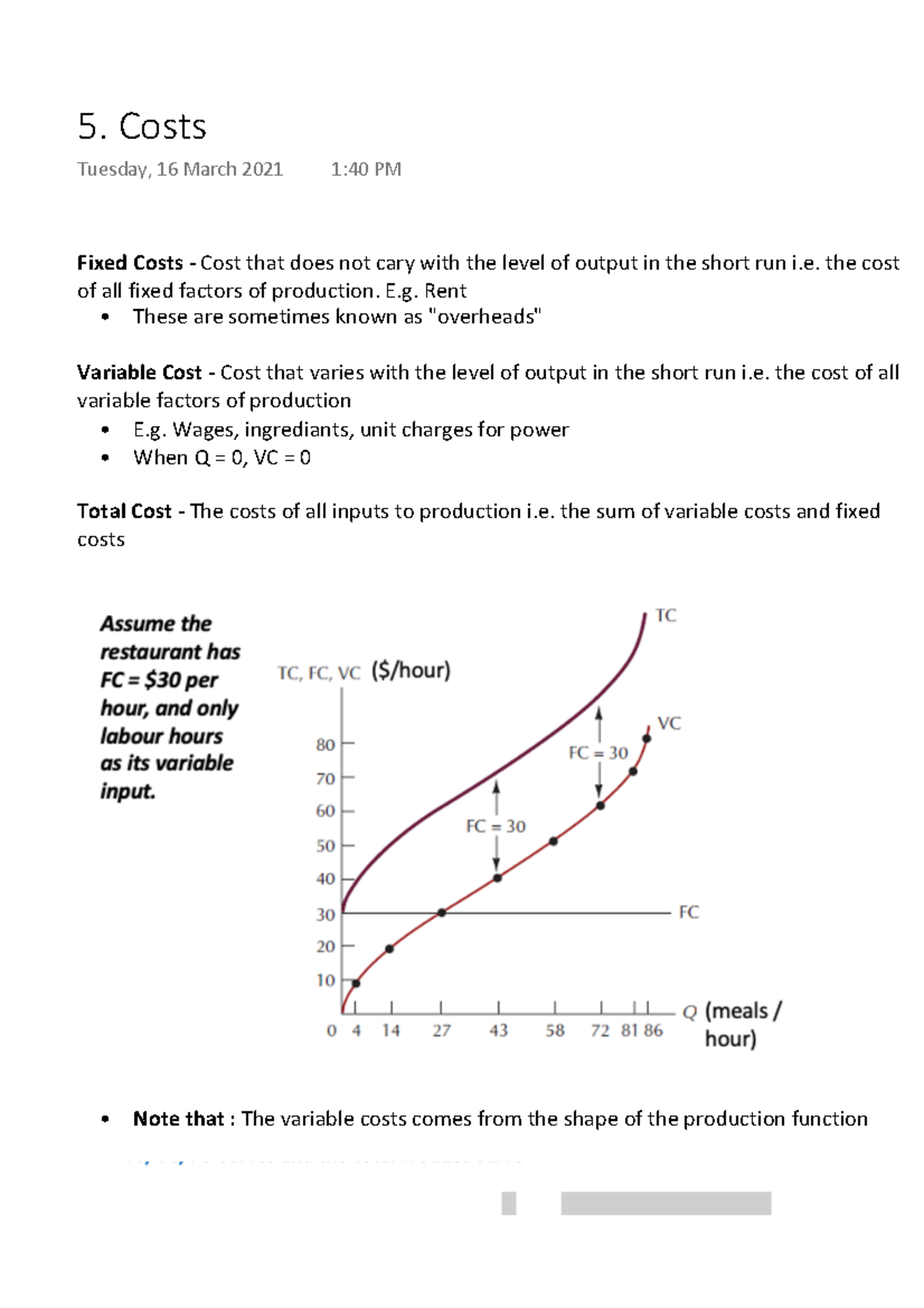 Costs of Production Fixed Costs Fixed Costs Cost that does not