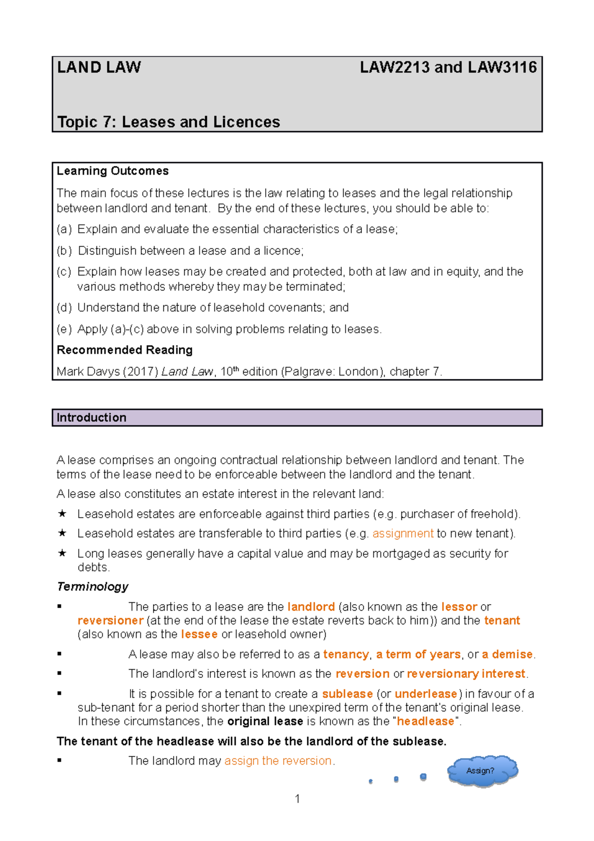 Lecture 9 - Leases annd Licences - LAND LAW LAW2213 and LAW Topic 7 ...