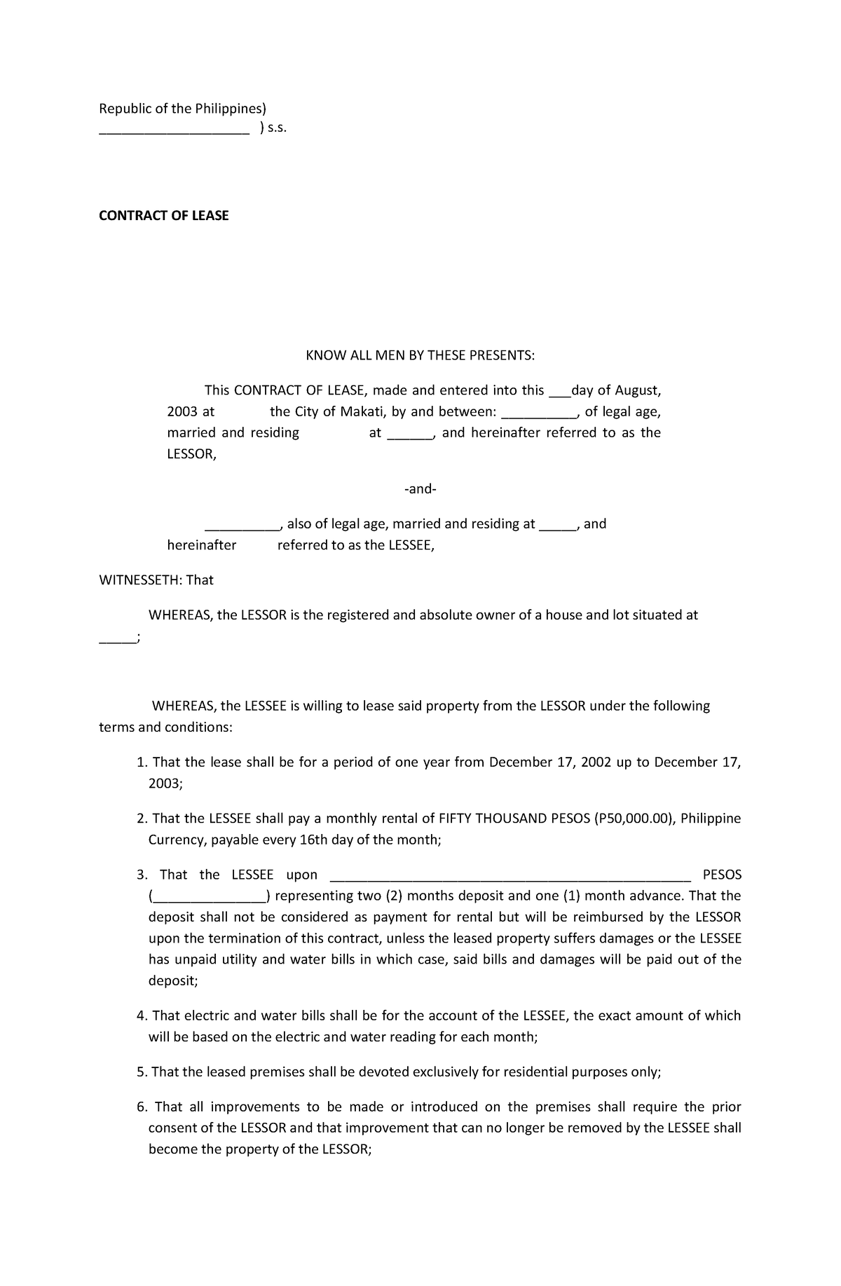 Contract-of-Lease - Sample Lease Contract - Republic of the Philippines