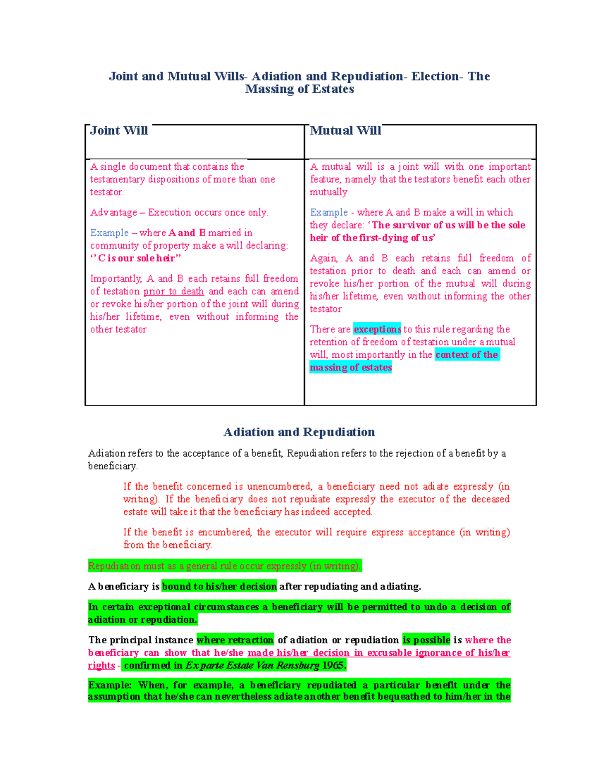 Astute Study Unit 11 Summary - Joint and Mutual Wills- Adiation and ...