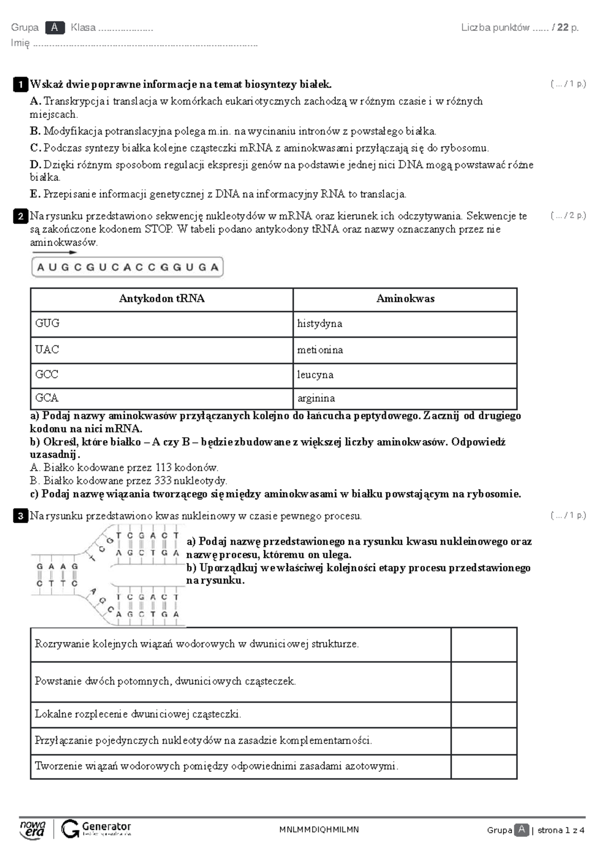 Genetyka molekularna Test (z widoczną punktacją) - MNLMMDIQHMILMN Grupa