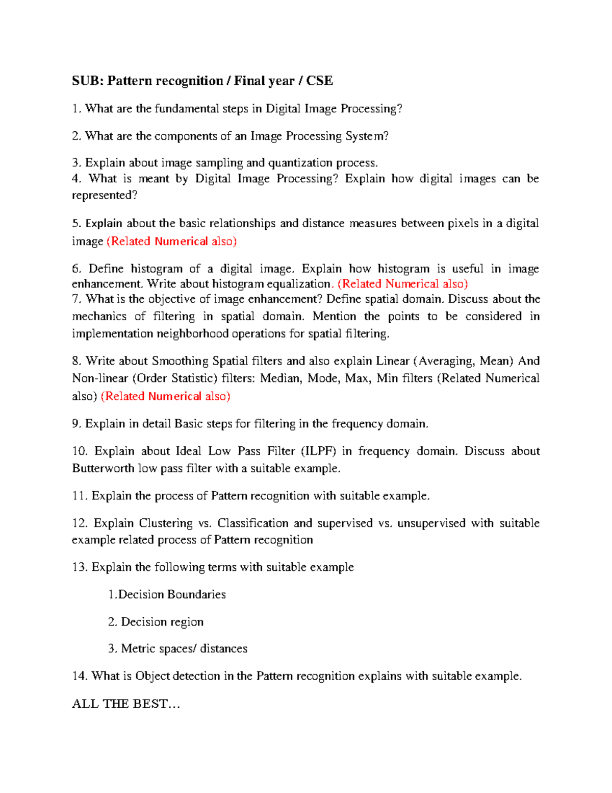 Question Bank - SUB: Pattern recognition / Final year / CSE What are ...