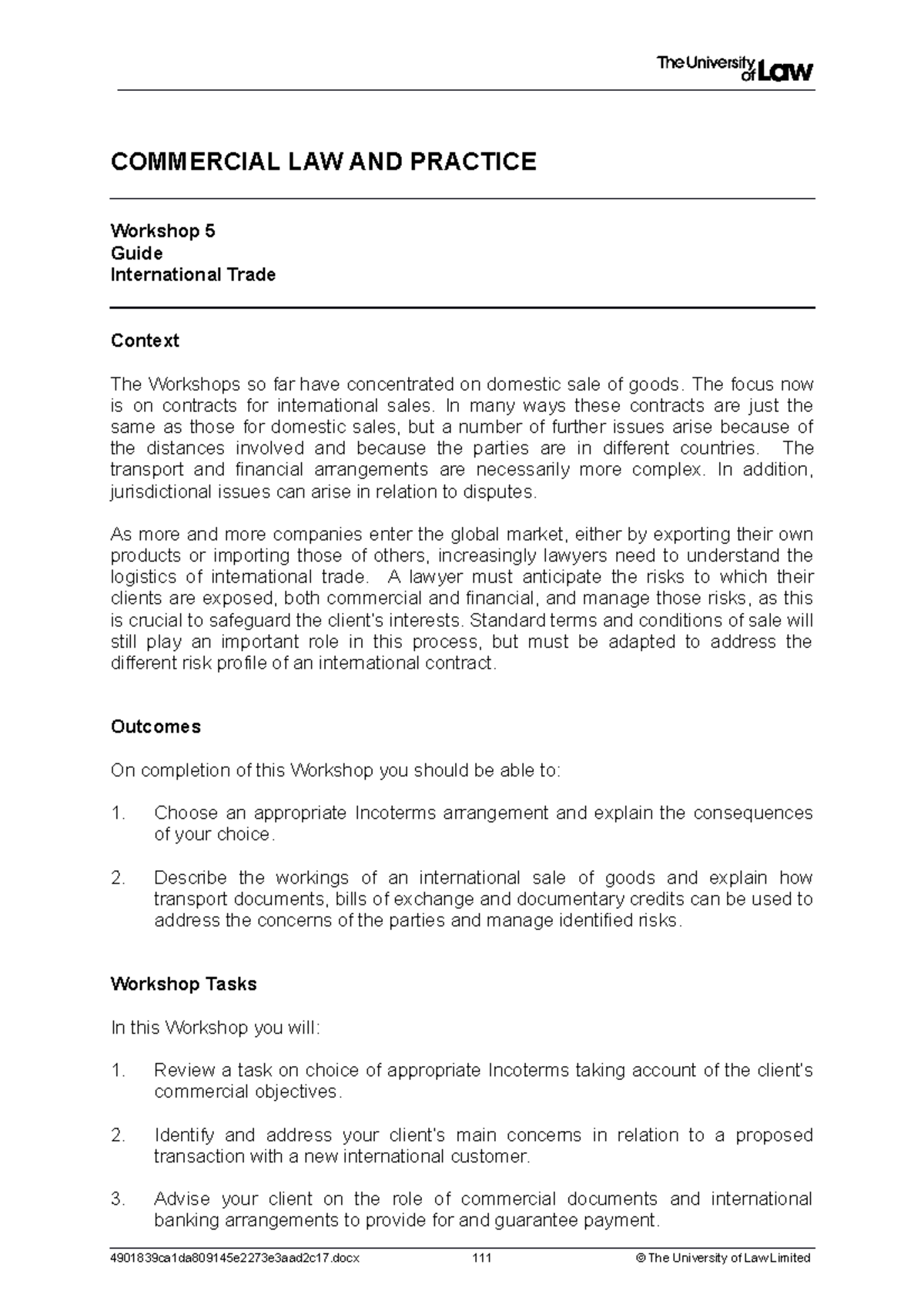 Commercial Law W5 Guide - COMMERCIAL LAW AND PRACTICE Workshop 5 Guide ...