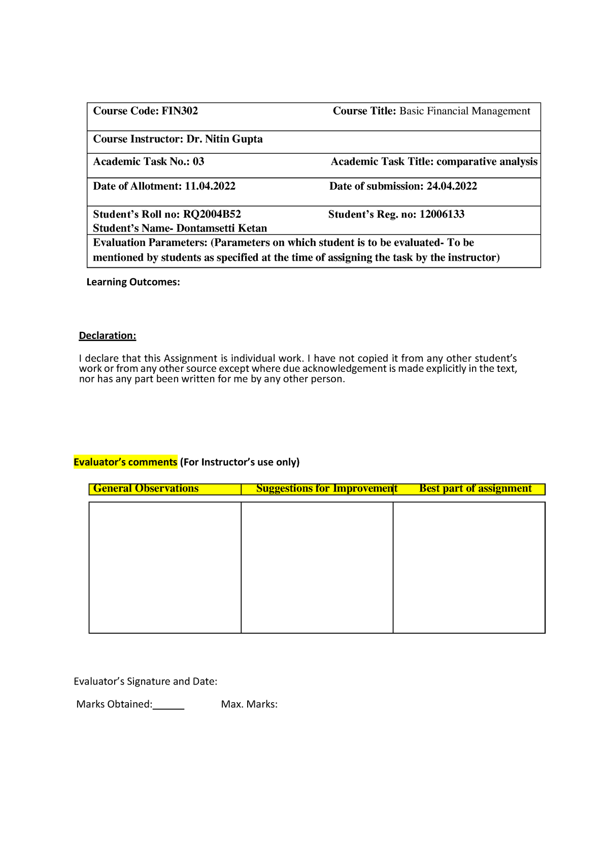 Fin CA3 - ................. - Course Code: FIN302 Course Title: Basic ...