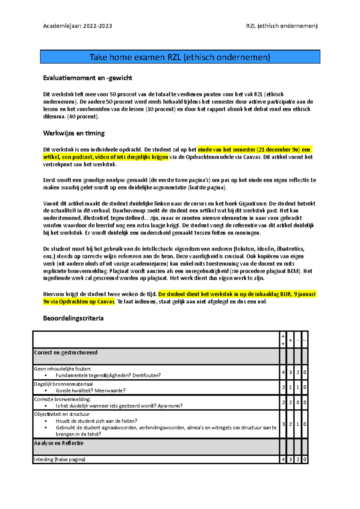 Take home examen RZL (ethisch ondernemen) 2022-2023 - Academiejaar ...