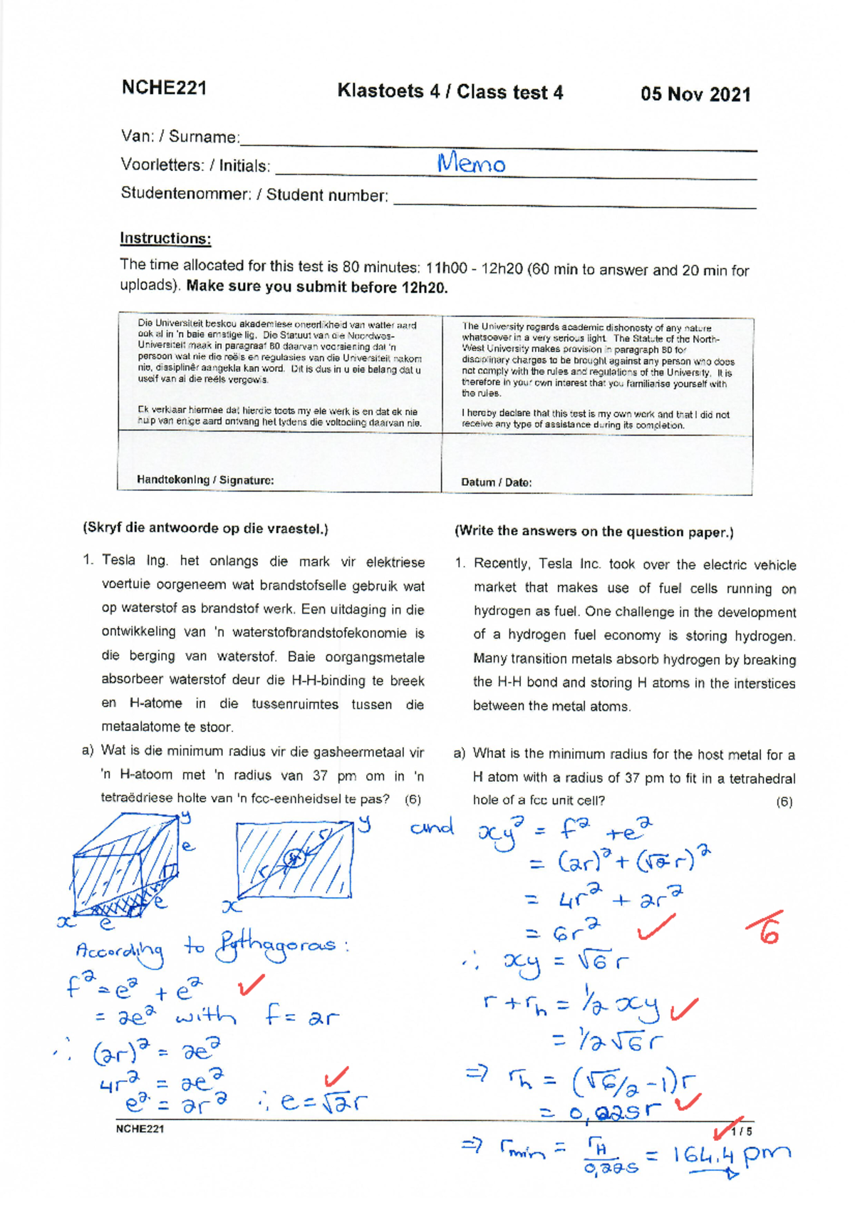 NCHE221 A5 Test 4 20211105 memo - NCHE221 Klastoets 4 Class test 4 05 ...