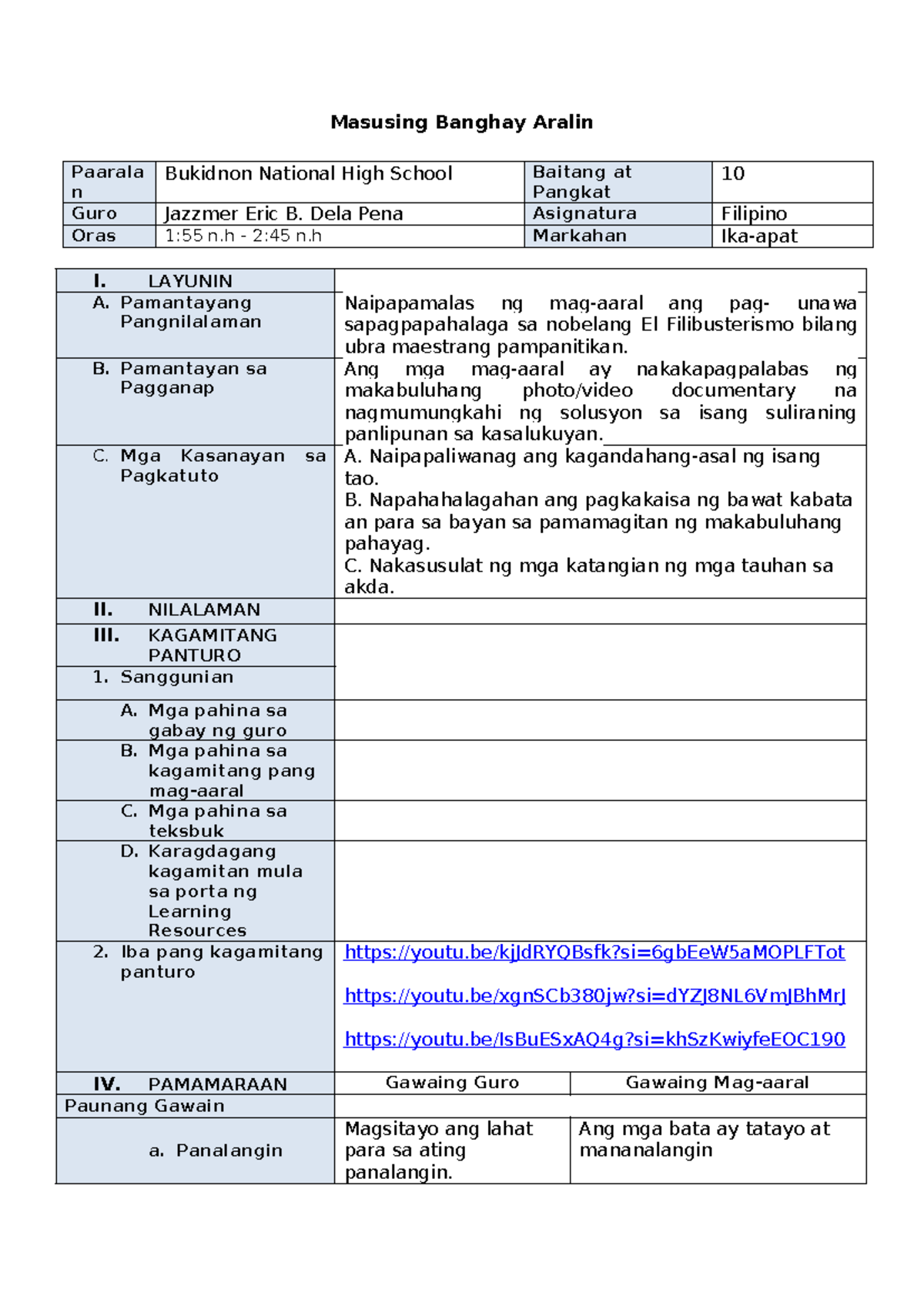 Lesson plan el fili 13-15 - Masusing Banghay Aralin Paarala n Bukidnon ...