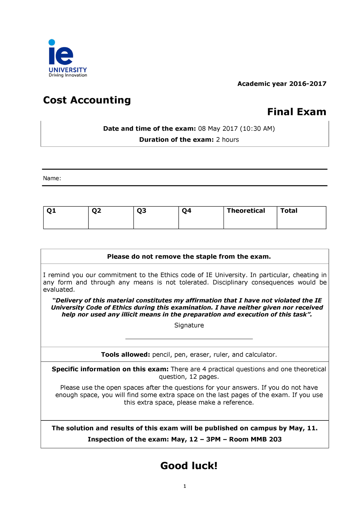 Bbabir 2017 Final Exam - Examen - Academic Year 2016- Cost Accounting ...