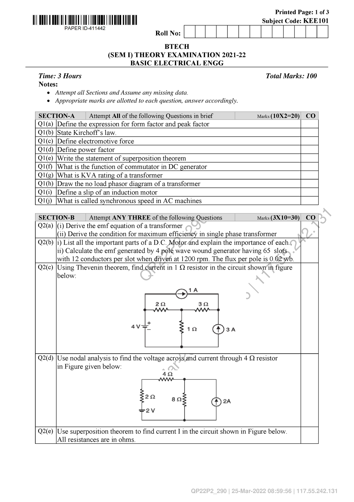 Basic Electrical ENGG KEE 101 - QP22P2_ | 25-Mar-2022 08:59:56 | 117.55 ...