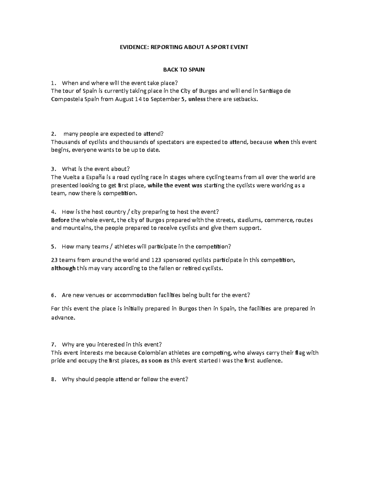 Evidence Reporting about a sport event - EVIDENCE: REPORTING ABOUT A ...