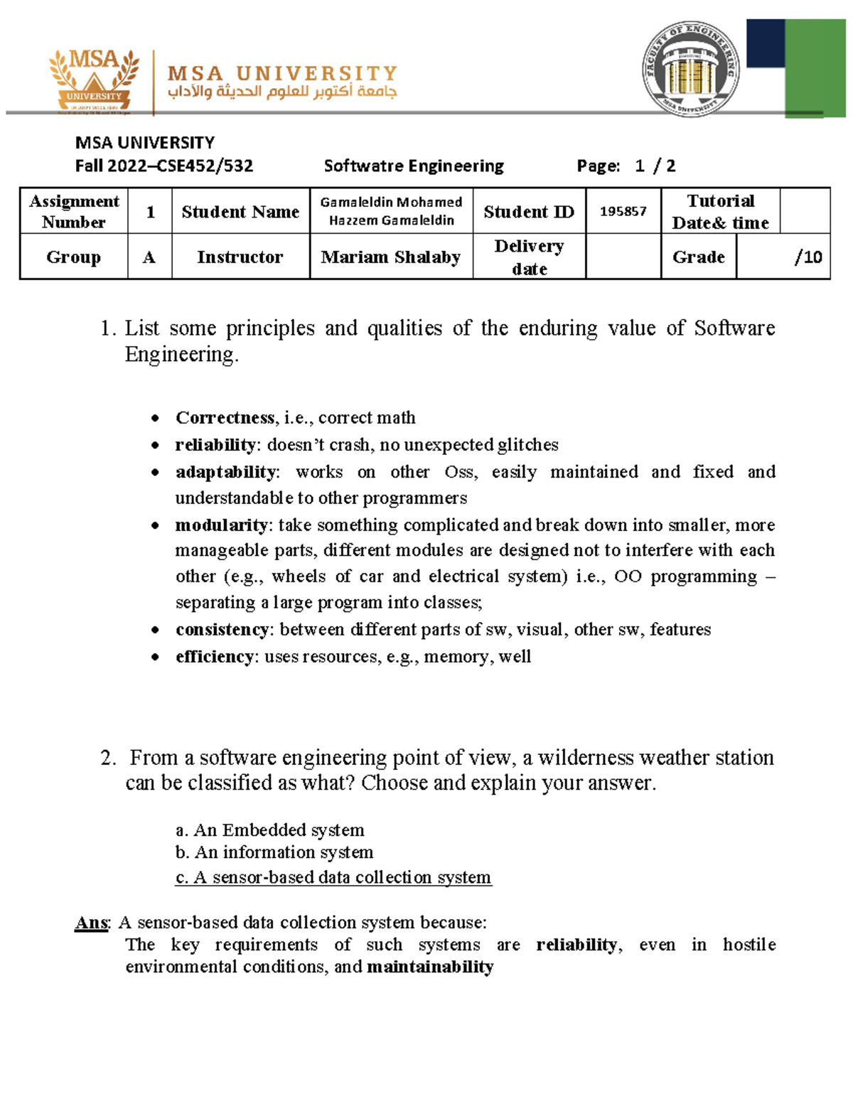 Software engineering A1(GM 195857) - MSA UNIVERSITY Fall 2022–CSE452 ...