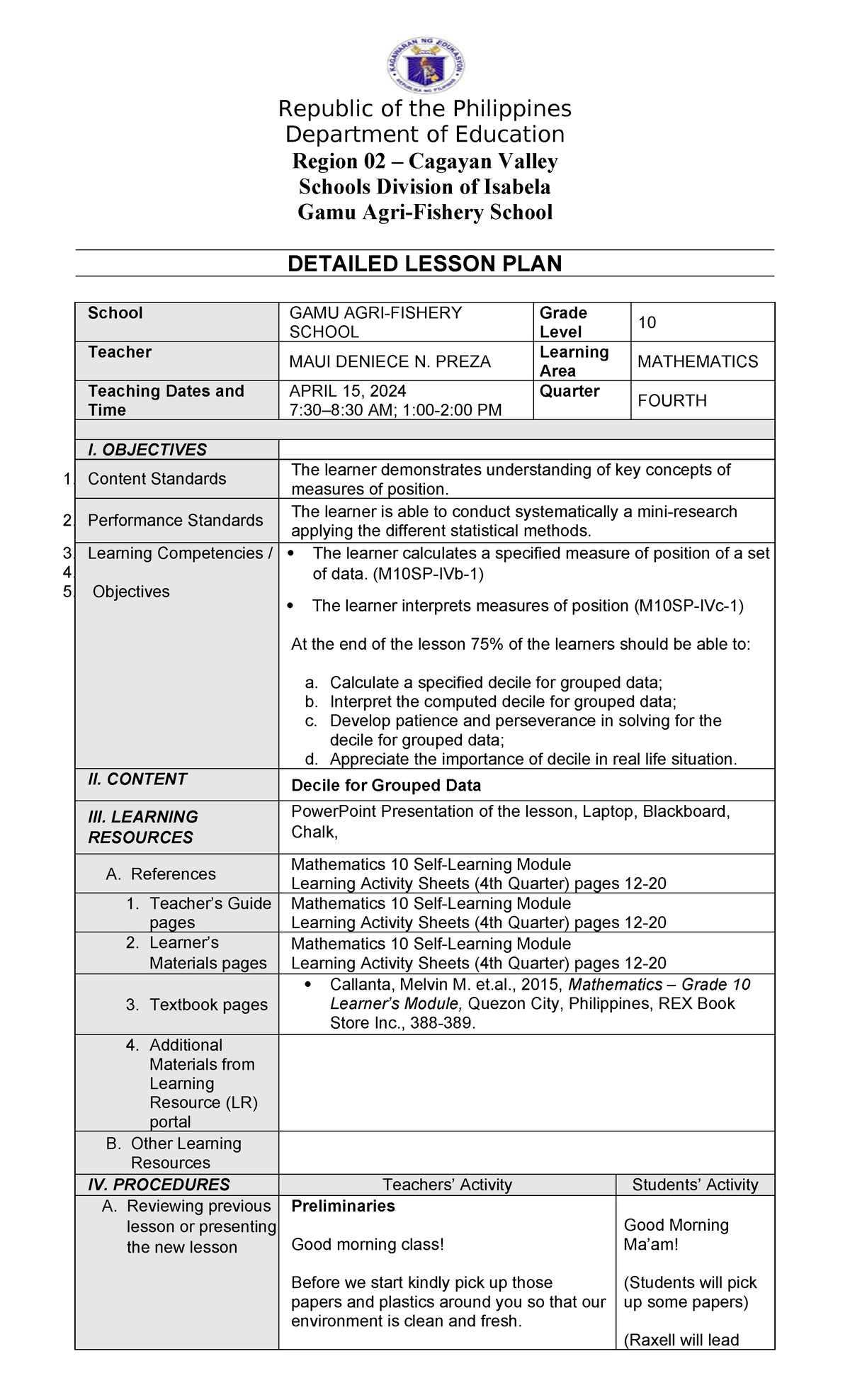 Measures of Position on Deciles grouped - Republic of the Philippines ...