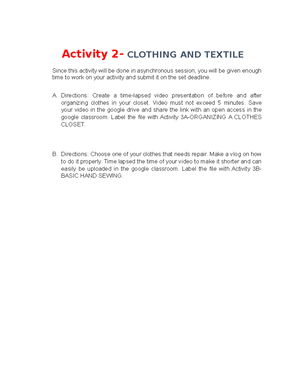 Activity 2Clothing and Textile Activity 2 CLOTHING AND TEXTILE
