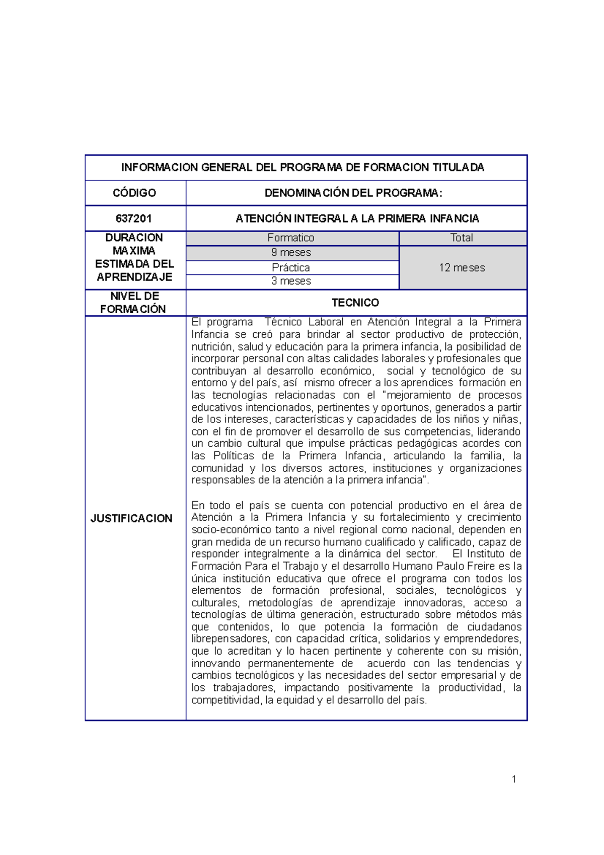 Atencion A LA Primera Infancia - INFORMACION GENERAL DEL PROGRAMA DE ...