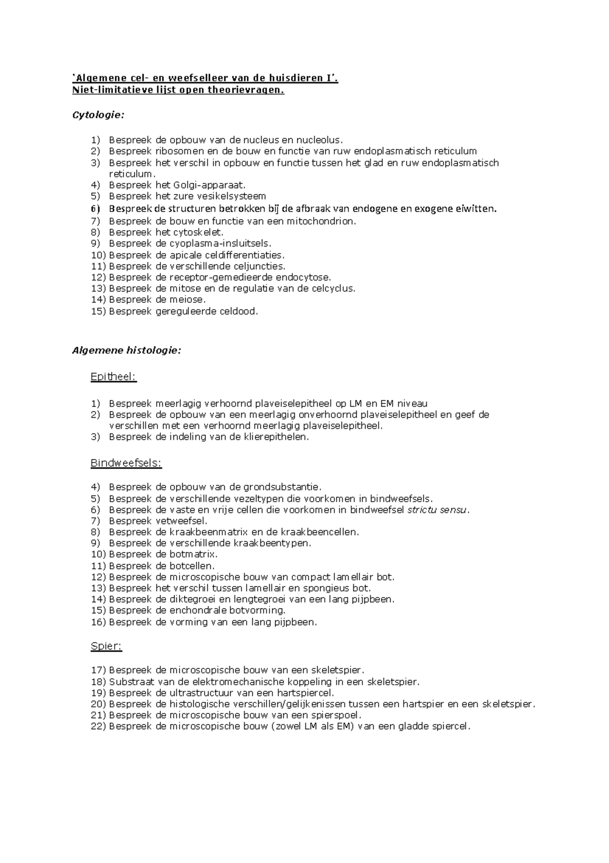 Lijst Open Theorievragen Cel- & Weefselleer - ‘Algemene Cel- En ...