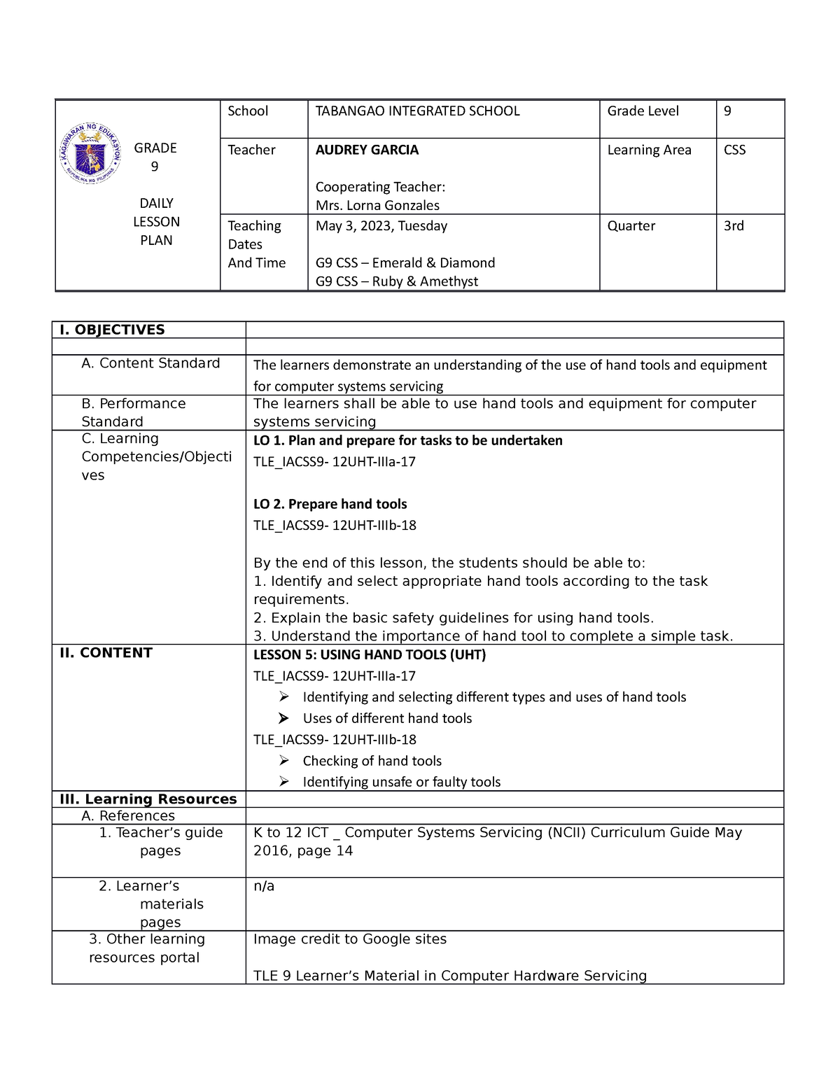 DLP Using hand tools - ICT - CSS - GRADE 9 DAILY LESSON PLAN School ...