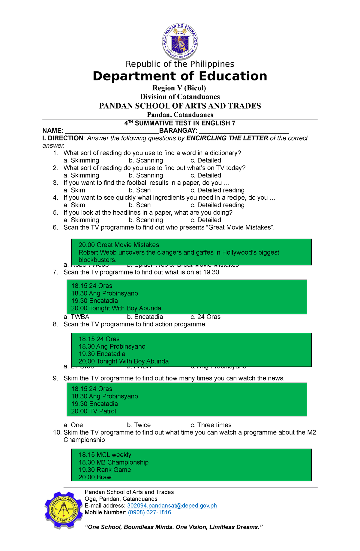 4th Summative Test In English 7 1 Republic Of The Philippines Department Of Education Region V 