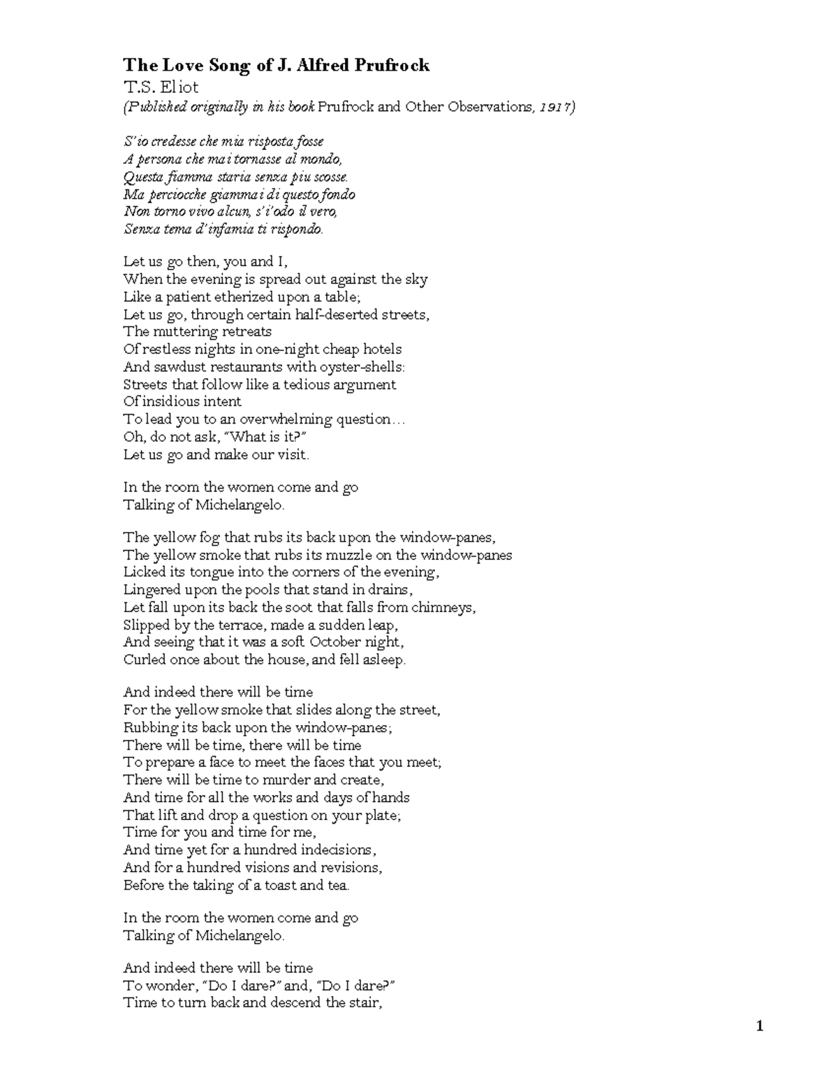 TS Elliot 5 Poems - 1 The Love Song of J. Alfred Prufrock T. Eliot (Published originally in his ...