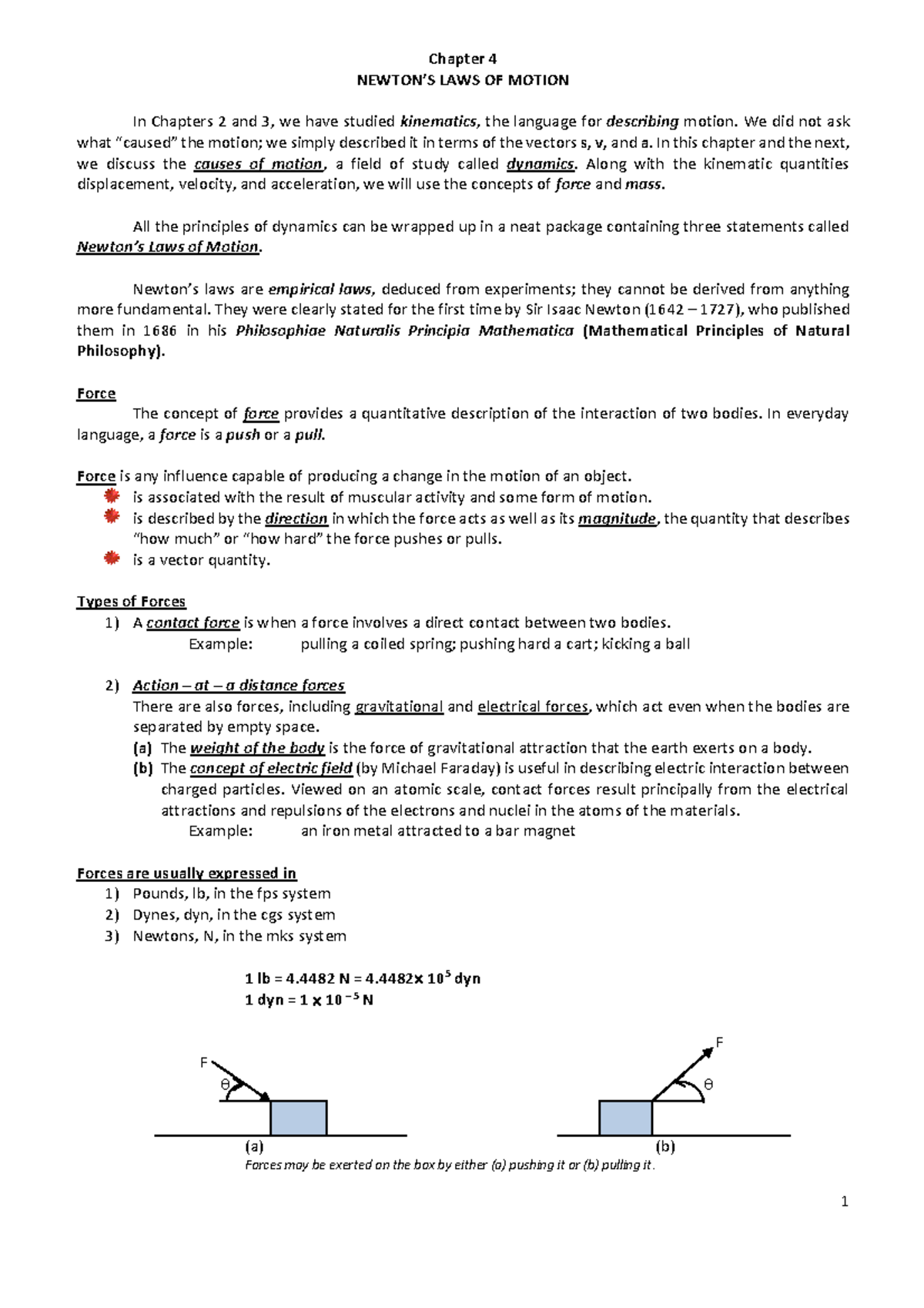 Chapter 4 summary - Chapter 4 NEWTON’S LAWS OF MOTION In Chapters 2 and ...