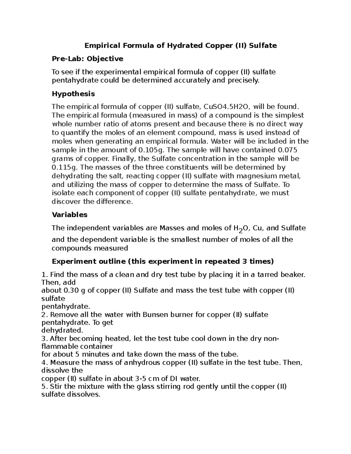 laboratory experiment four chemistry lab Empirical Formula of