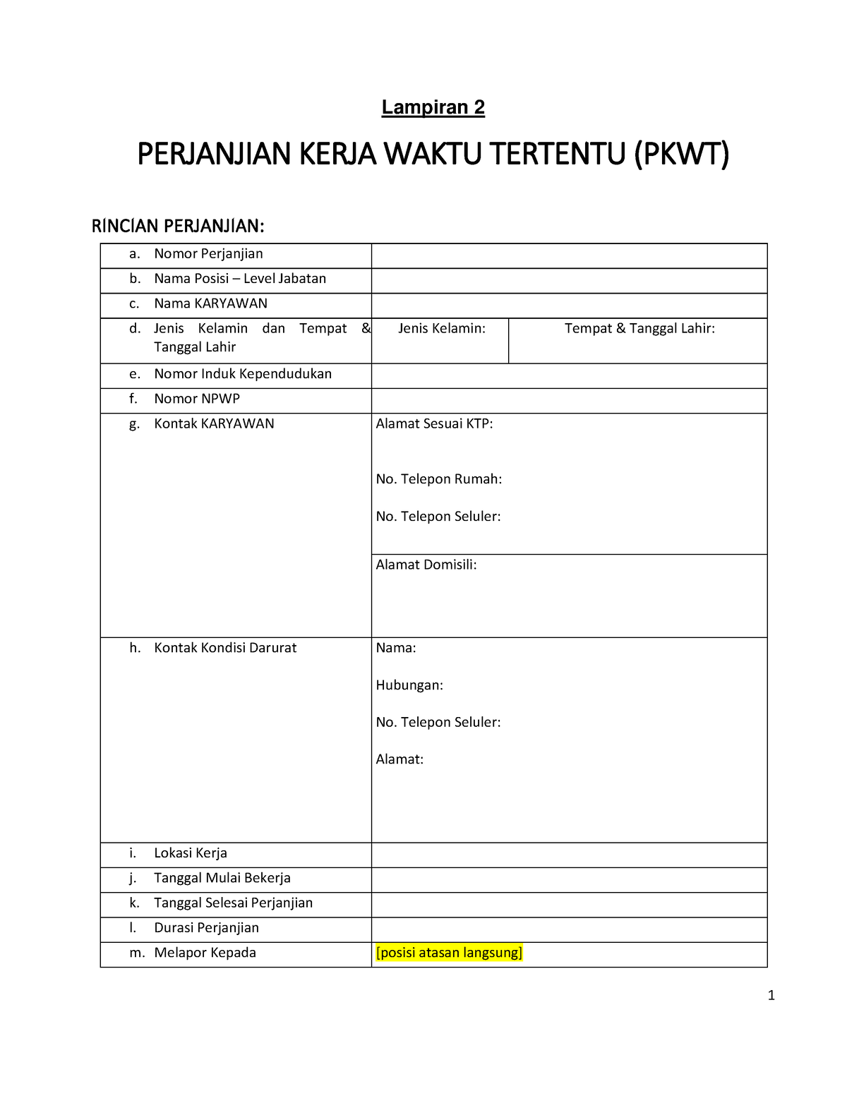 Template PKWT Lampiran 2 - Lampiran 2 PERJANJIAN KERJA WAKTU TERTENTU ...