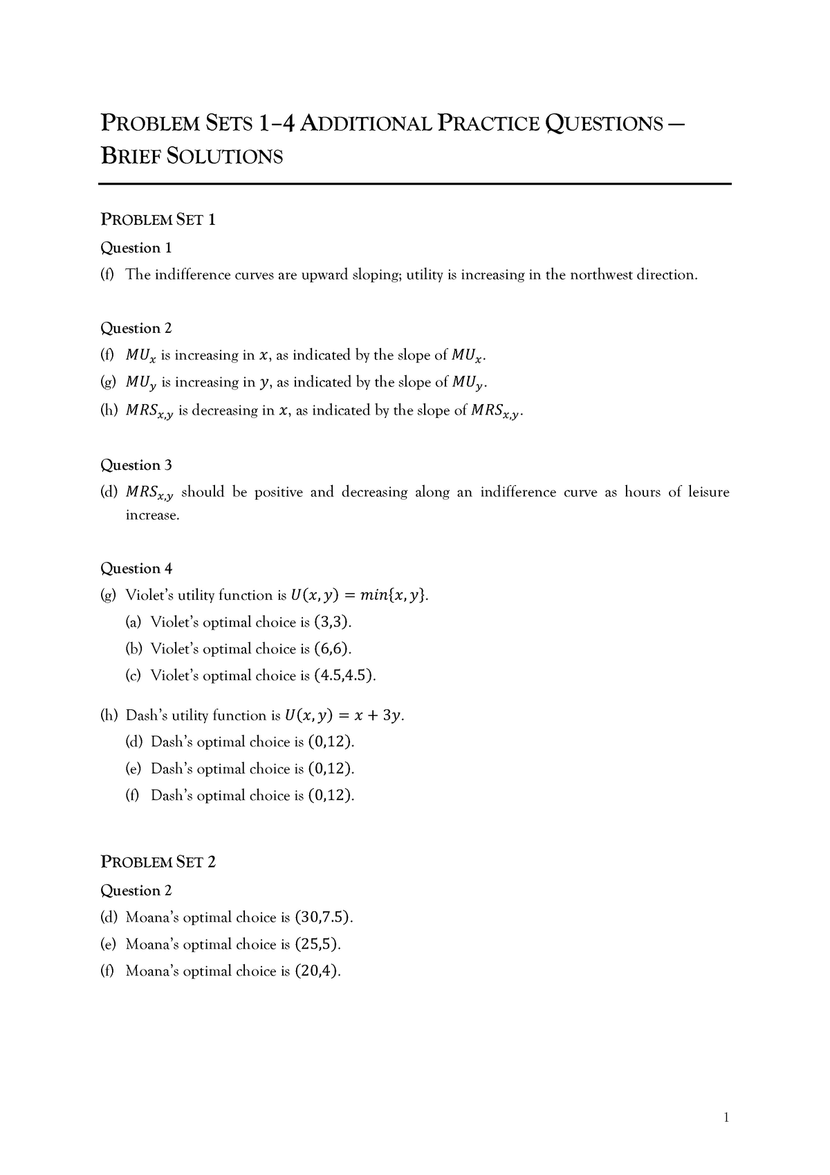 Psets 1 4 Additional Practice Questions Solutions Problem Sets Additional Practice Questions Brief Solutions Problem Set Question The Indifference Curves Are Studocu