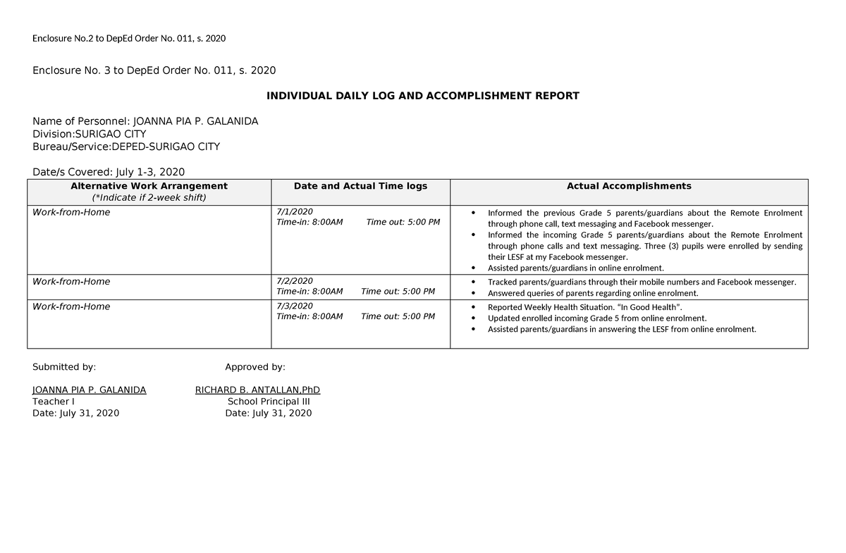 ACCOMPLIISHMENT REPORT - Enclosure No. 3 To DepEd Order No. 011, S ...