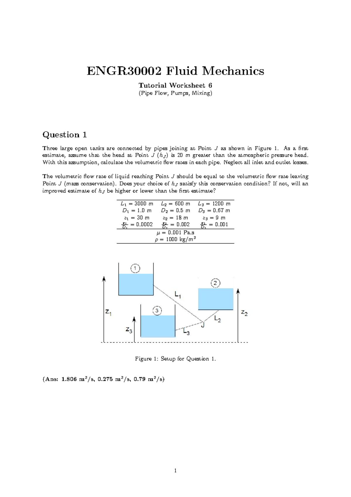 Tutorial 6 - ENGR30002 Fluid Mechanics Tutorial Worksheet 6 (Pipe Flow ...