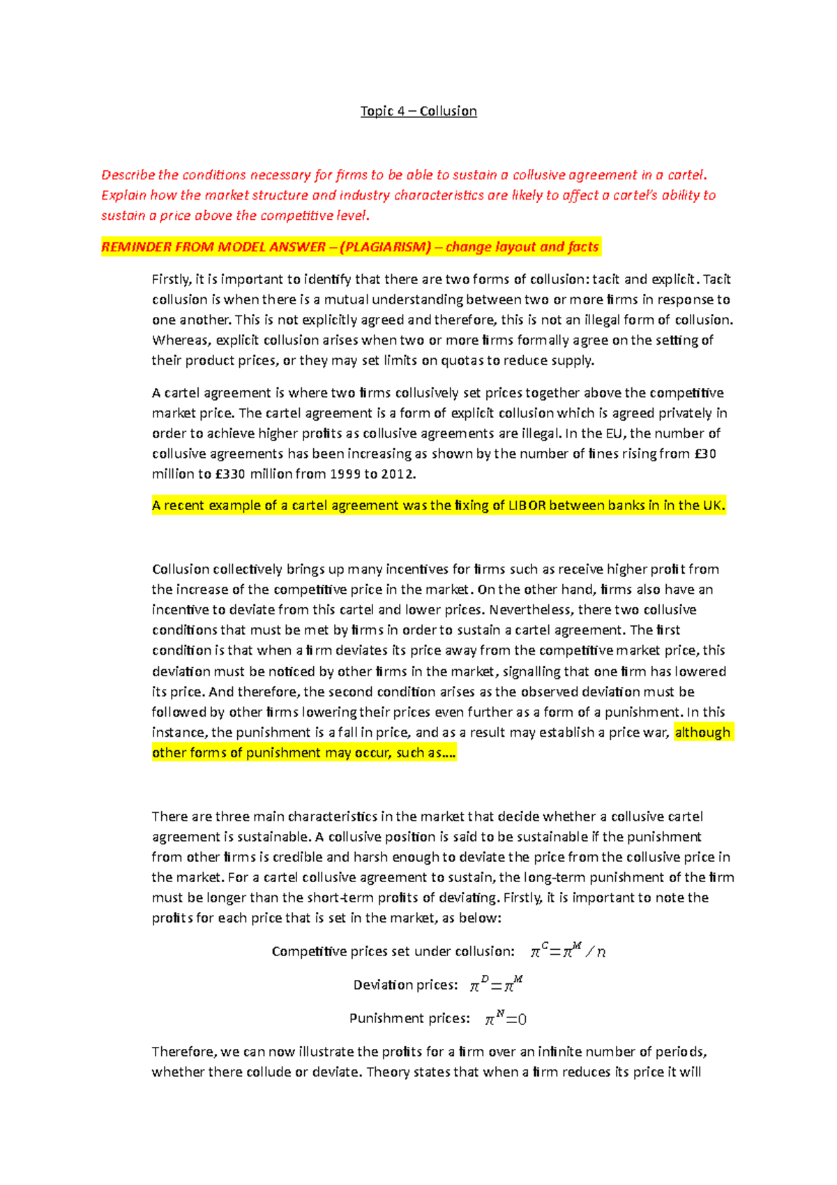 Topic 4 Collusion Sample exam answers Topic 4 Collusion