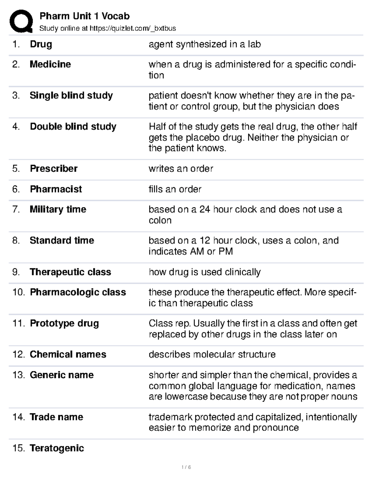 Pharm Unit 1 Vocab - Study Online At Quizlet/_bxtbus Drug Agent ...