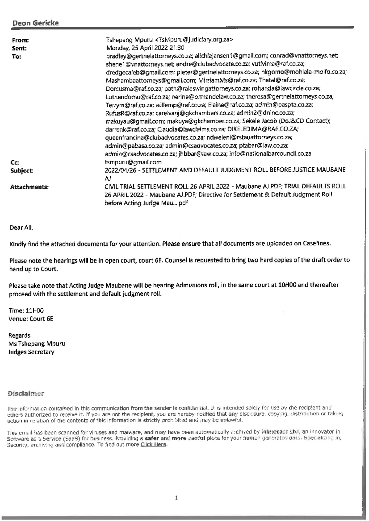 2022-04-26 - Settlement default judgment roll - Maubane AJ - LLB 98680 ...