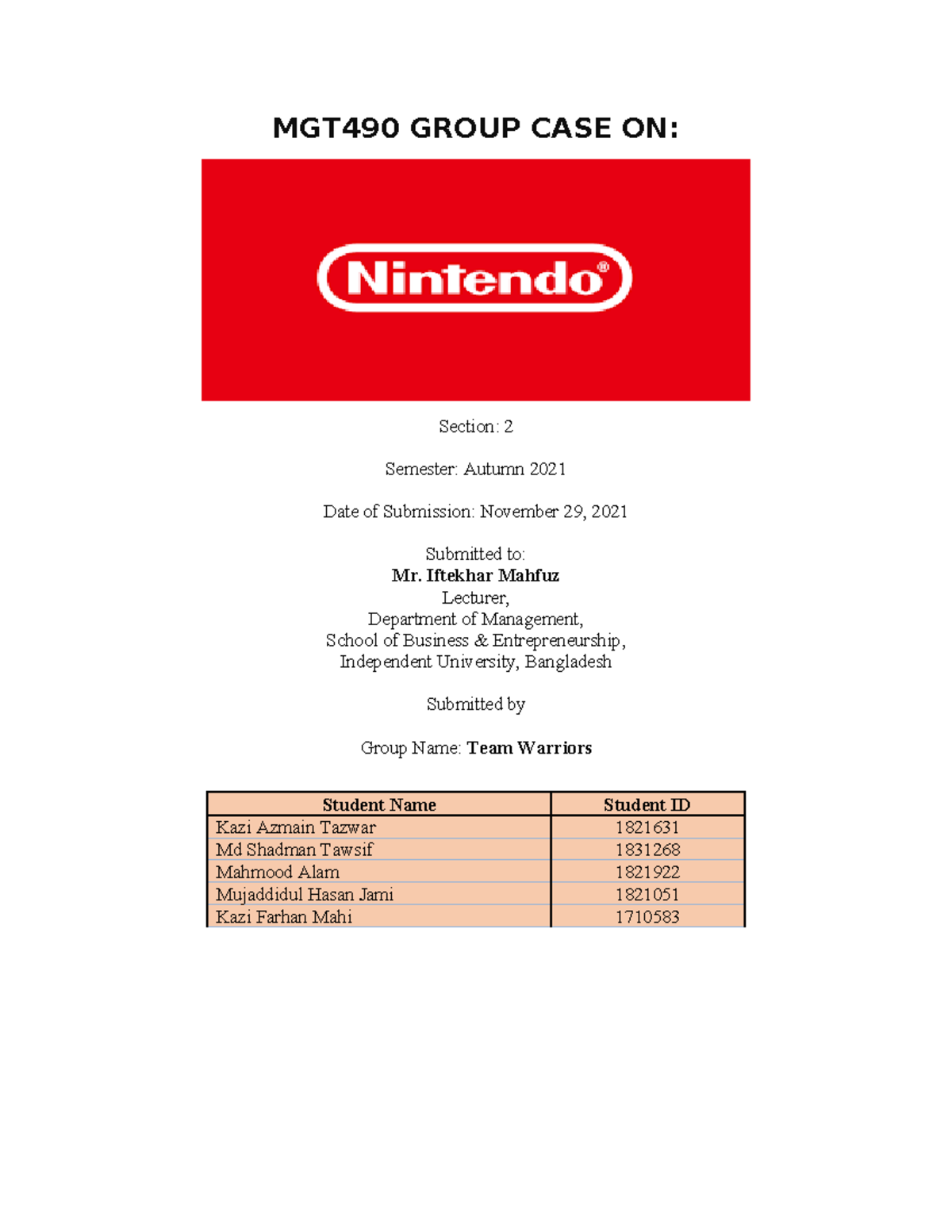 MGT490 GroupCASE MGT 490 Nintendo Case Study MGT490 GROUP CASE ON Section 2 Semester