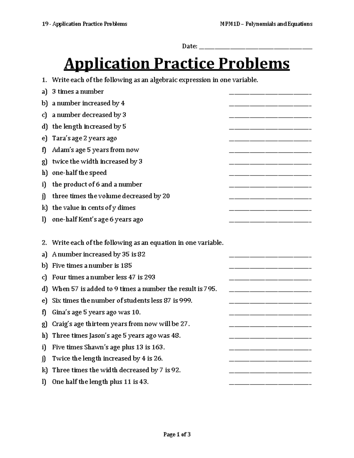 19 - Application Practice Problems - a) 3 times a number