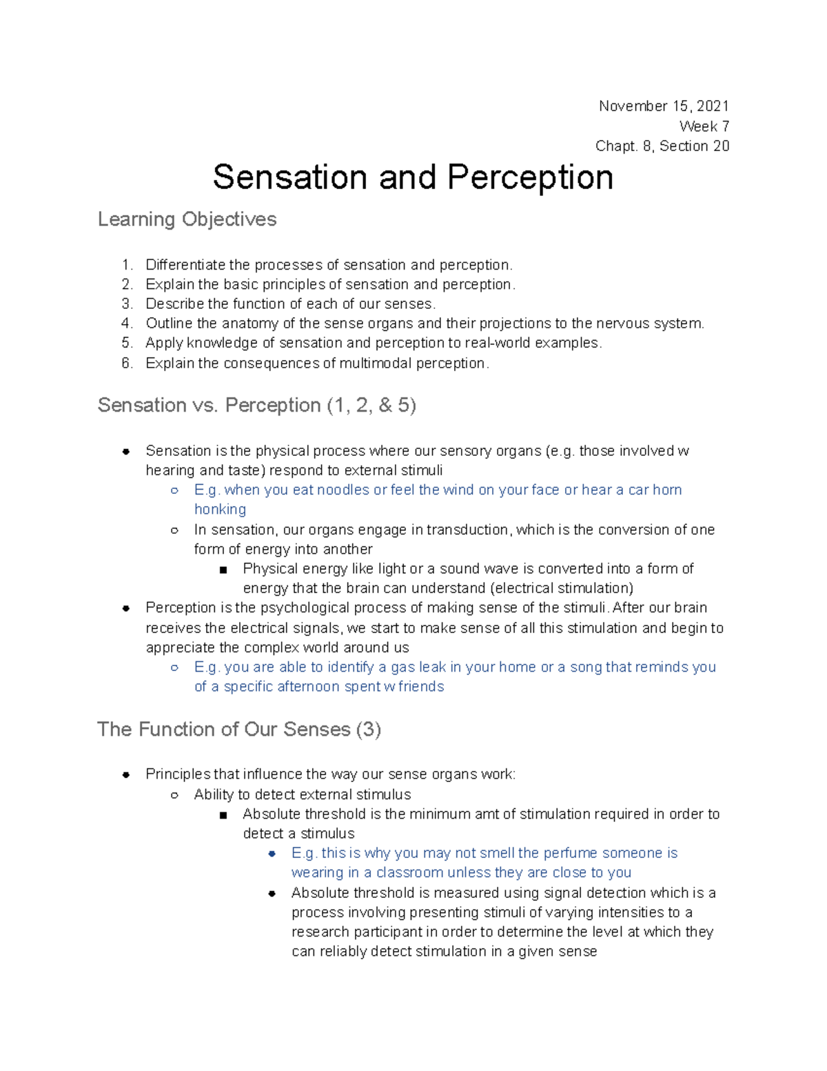 PSYC 100 - Week 7 Notes Sensation and Perception - November 15, 2021 ...